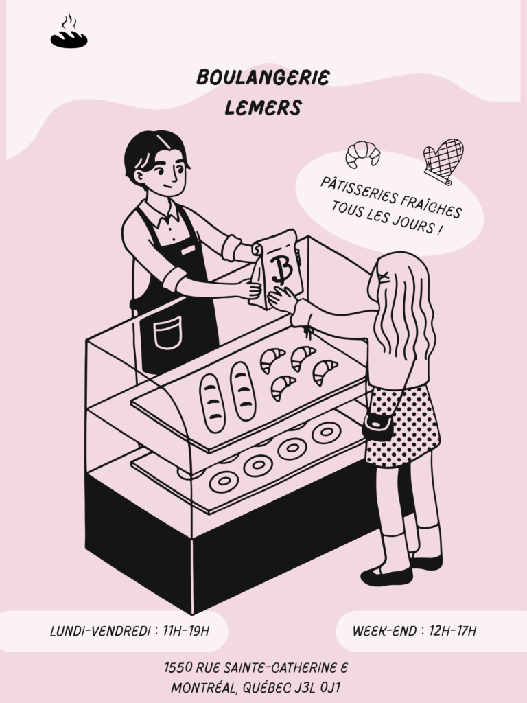 Exemple d'affiche sur laquelle une jeune fille achète des produits de la Boulangerie Lemers où un jeune vendeur lui donne son achat.