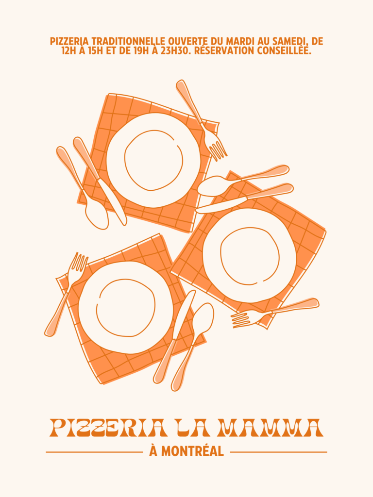 Affiche sur laquelle des couverts et des assiettes sont posés et où le nom de la pizzéria figure. L'affiche contient les heures d'ouverture ainsi que la ville où elle se trouve.