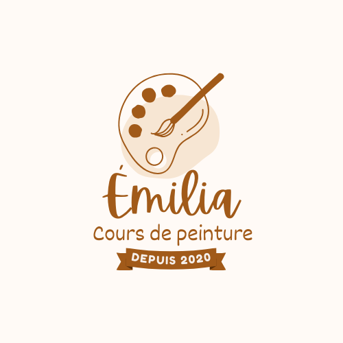 Logo des cours de peinture réalisé digitalement où une palette de peinture avec un pinceau et une bannière figurent.