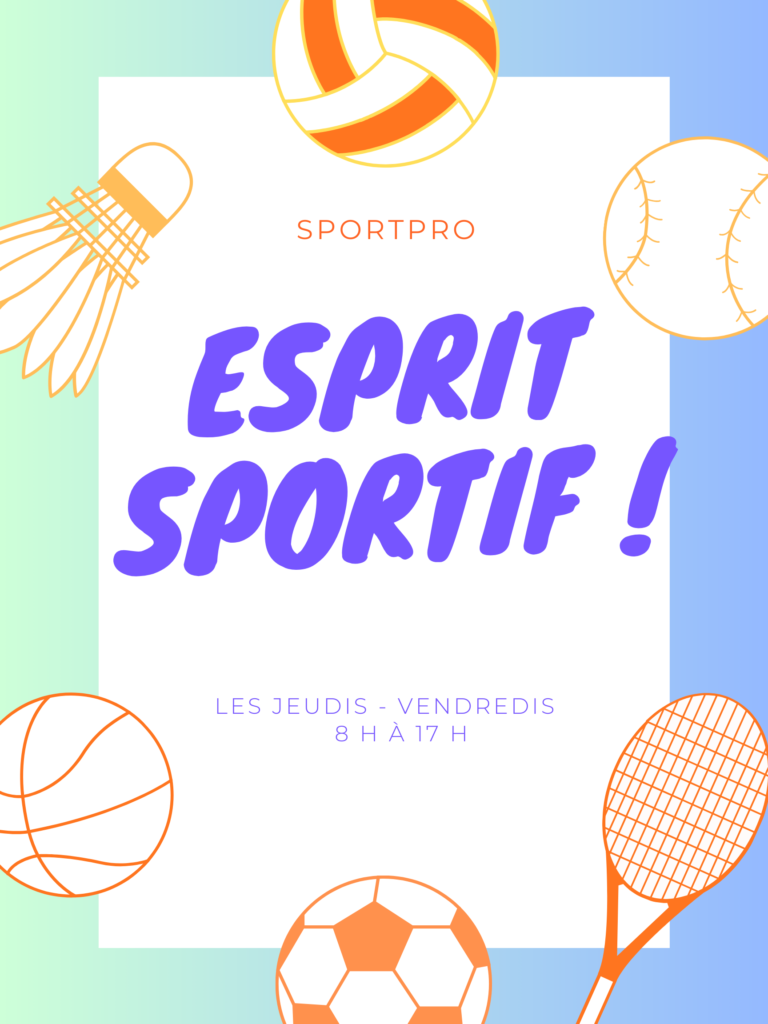 Affiche sur laquelle des articles de sport (raquette,volant,balles et ballons) entourent le slogan de la boutique . L'affiche contient aussi les heures d'ouverture.
