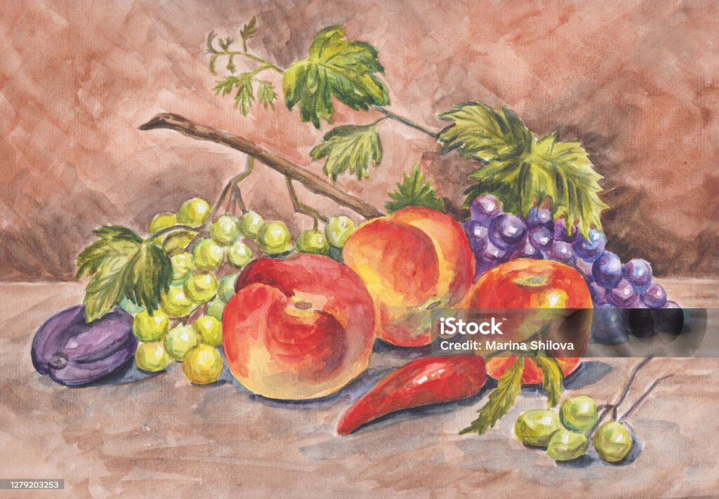 Peinture de nature morte représentant des fruits (raisins,nectarine et prune) et d'un piment réalisée en couleur sur un fond brun.
