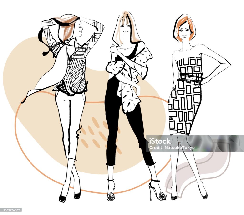 Croquis de dessins de mode avec des mannequins portant des tenues d'été et ayant les cheveux respectivement: bruns, blonds et roux (réalisé digitalement) sur un arrière plan contenant des formes ovales originales.