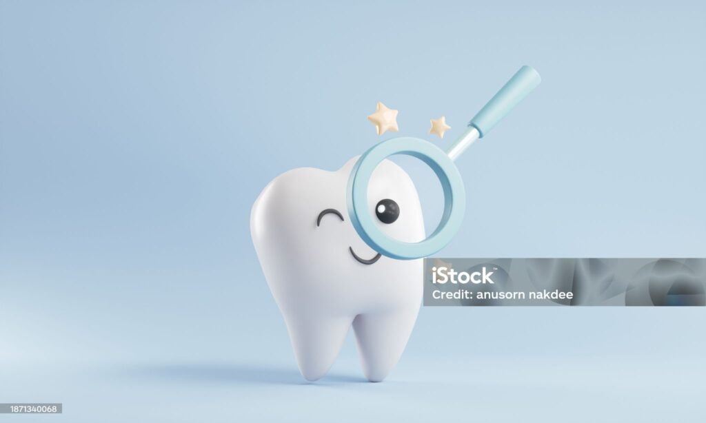 Personnage d'une dent ludique et souriante (regardant à travers une loupe) dessinée digitalement à l'aide de la conception 3D.
