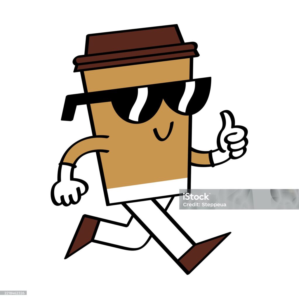 Mascotte ludique et enjouée d'un café (marchant avec un pouce en l'air et portant des lunettes) dessinée digitalement.