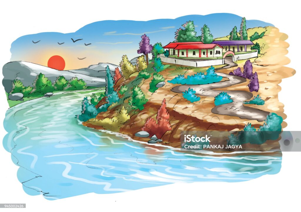 Dessin digital d'un beau paysage formé d'une bâtisse asiatique au sommet d'une petite colline au bord d'une rivière (dans une vallée), le tout coloré.
